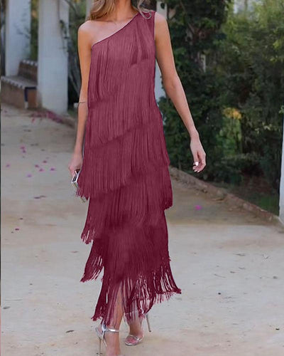 Maya-Off Shoulder elegant fringe dress