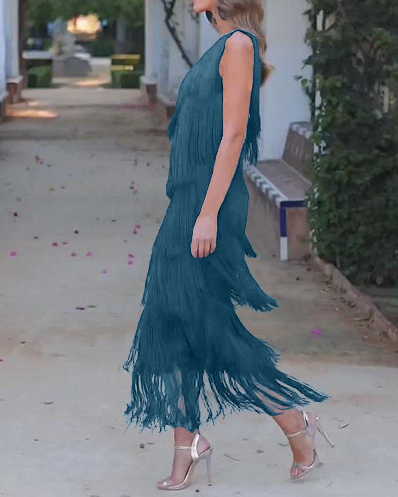 Maya-Off Shoulder elegant fringe dress