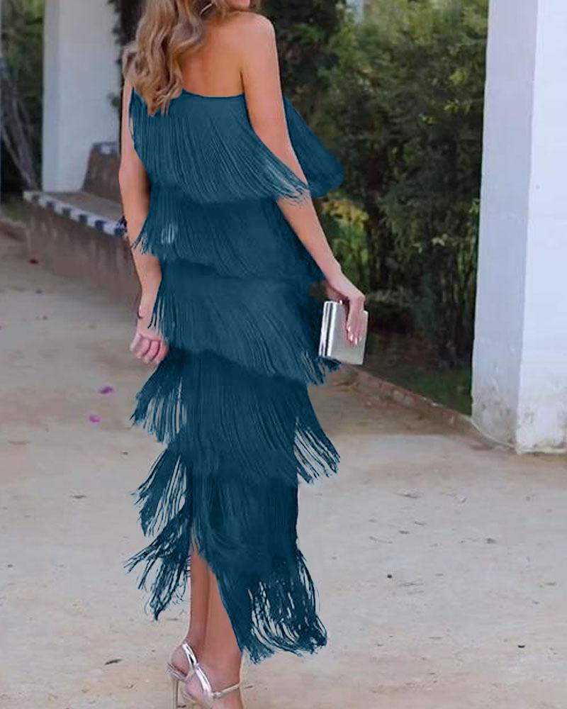 Maya-Off Shoulder elegant fringe dress