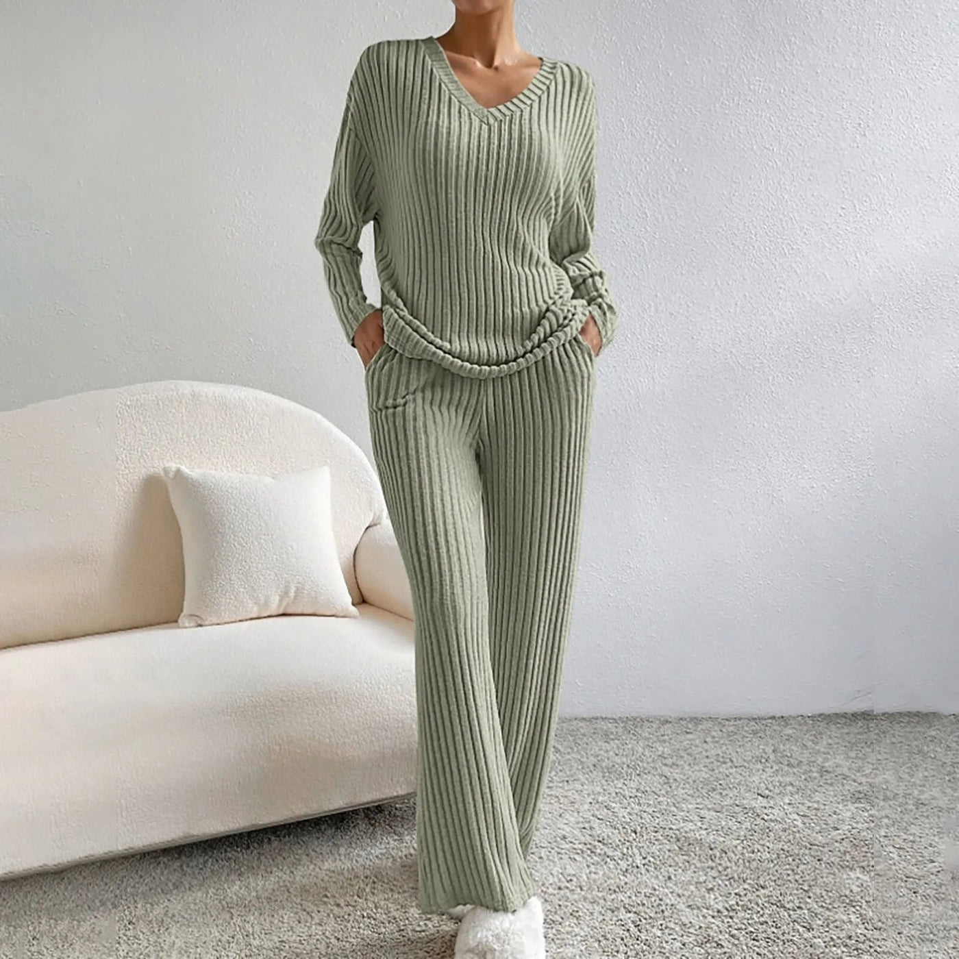 Edina – V-Neck and Knitted Pattern Two-Piece Set