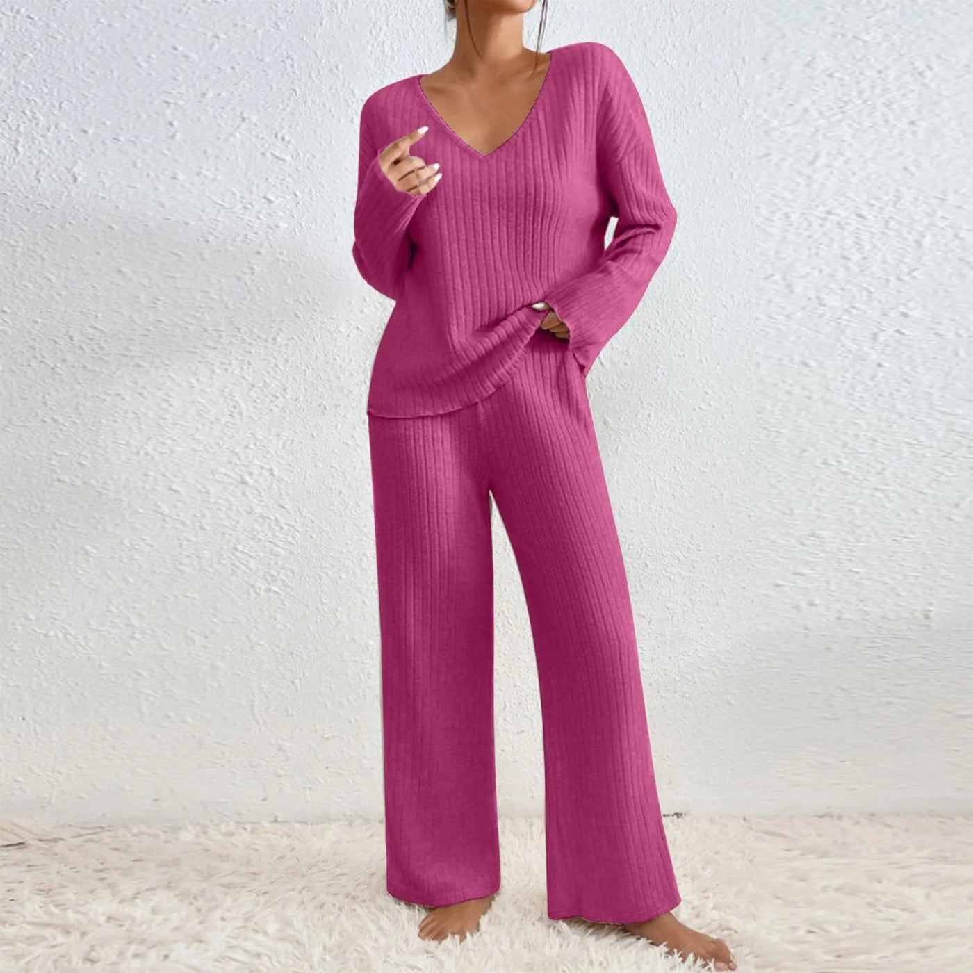 Edina – V-Neck and Knitted Pattern Two-Piece Set