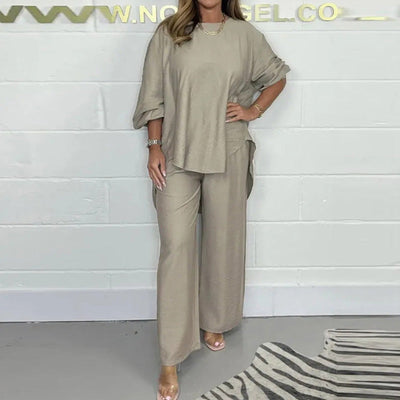 High set and wide leg trousers with long sleeves