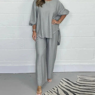 High set and wide leg trousers with long sleeves