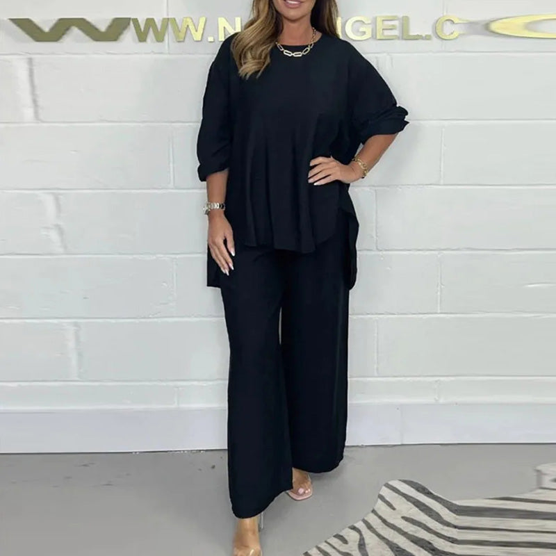 High set and wide leg trousers with long sleeves