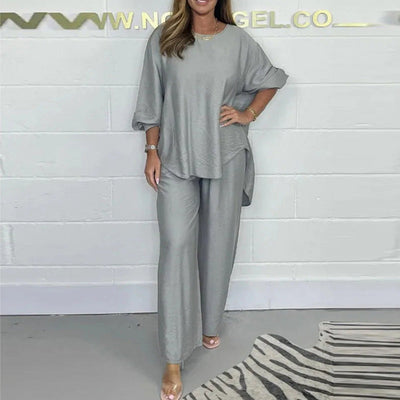 High set and wide leg trousers with long sleeves